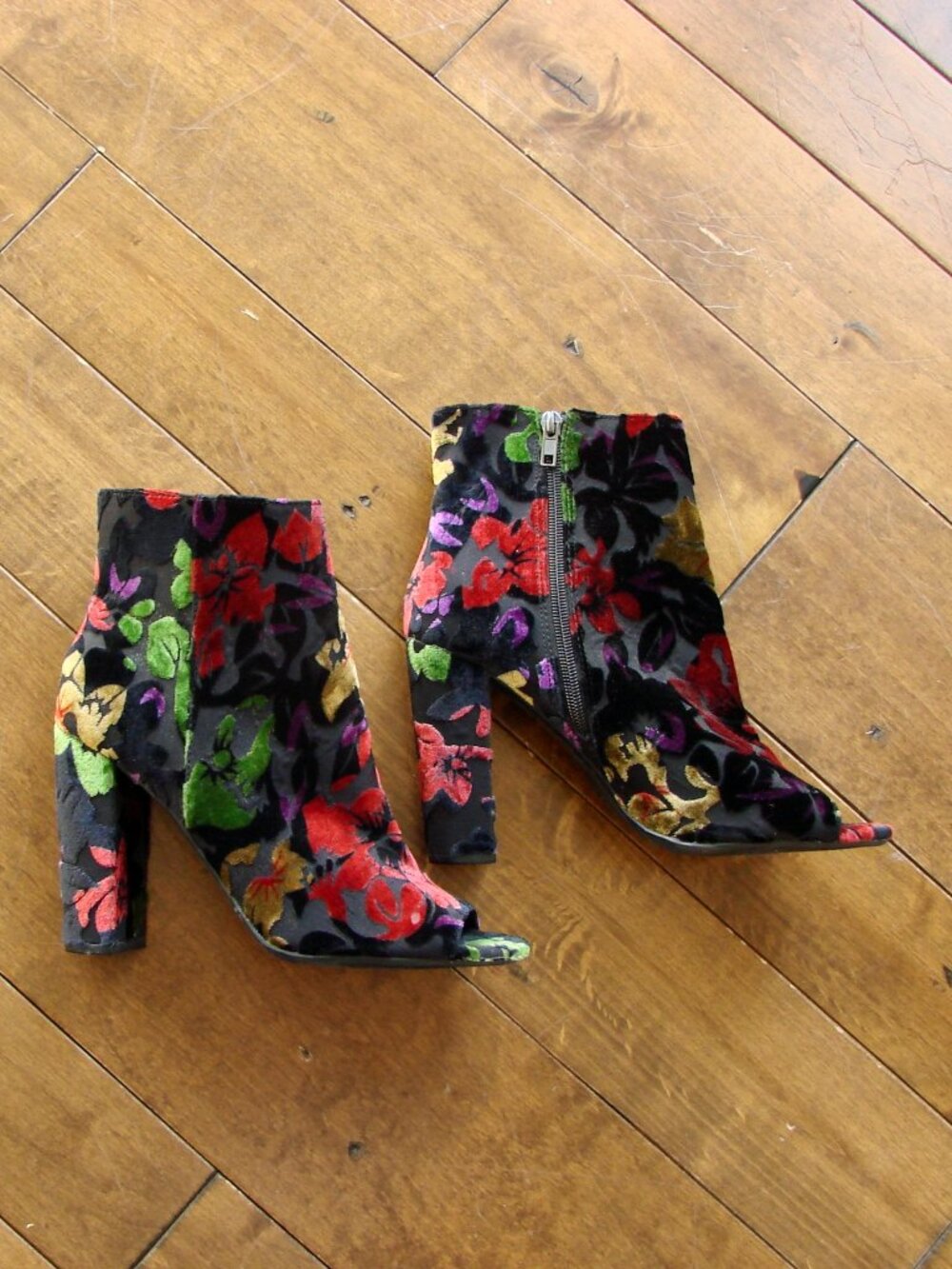 Velvet Boots Booties Floral Ankle Peep Toe Multi Colour Wild Pair Size 9.5